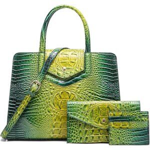 Women's Green Vegan Leather 3 pcs Set Top Handle Embossed Pattern Satchel Bag